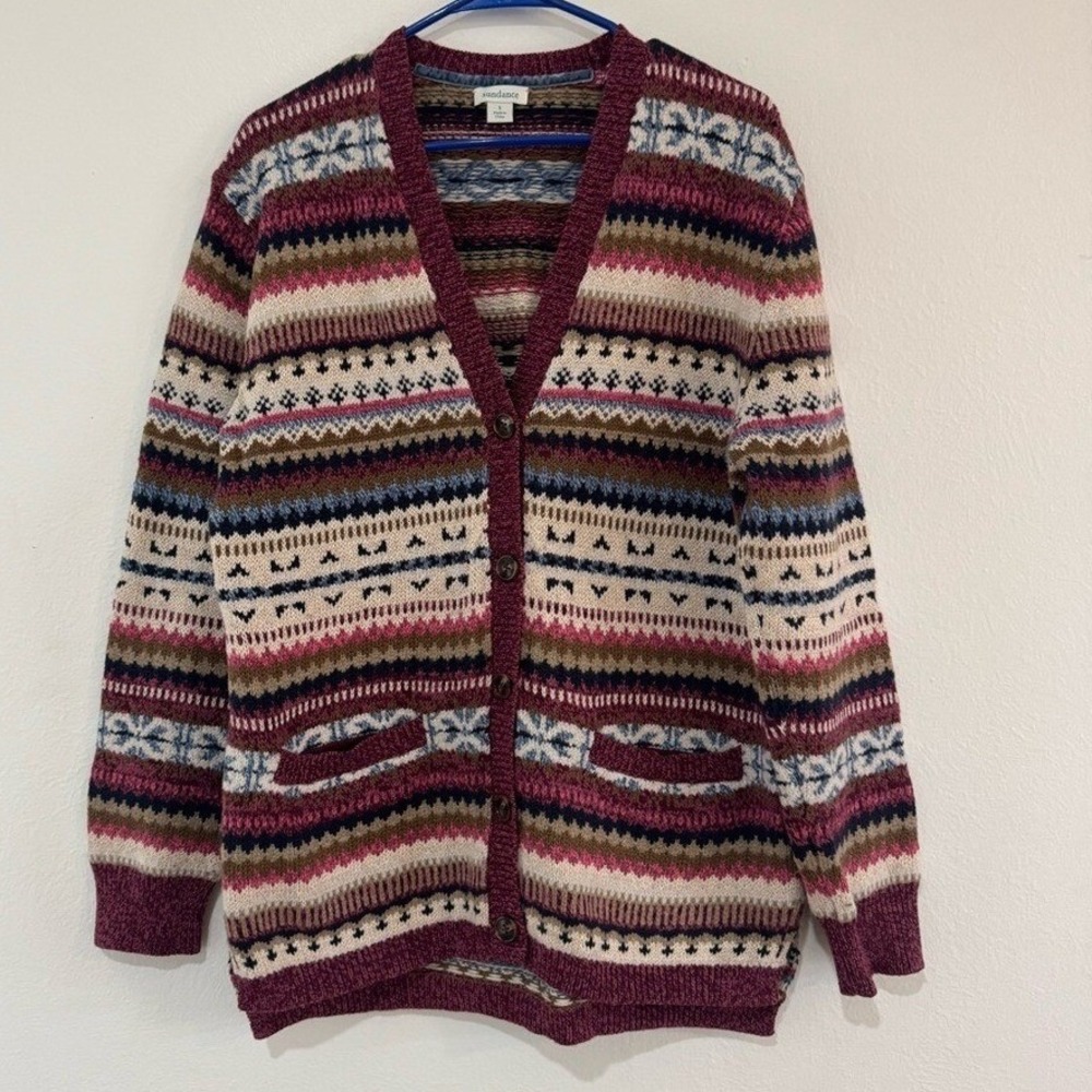 Sundance Fair Isle Button Front Cardigan Sweater Burgundy Wool Blend S (1205)